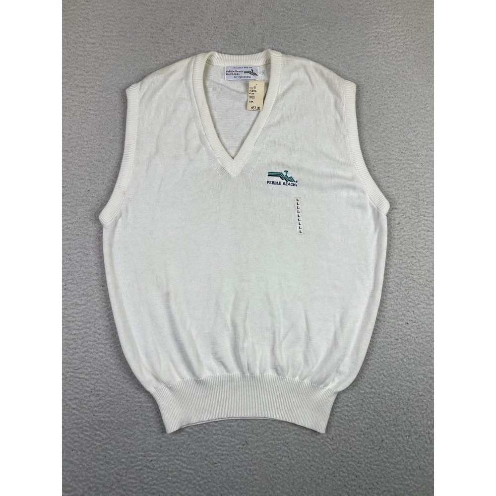 VINTAGE Pebble Beach Sweater Vest Mens Large White V-Neck Golf Made USA 90s